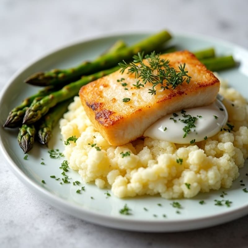 Seared Cod with Roasted Asparagus and Cauliflower Mash