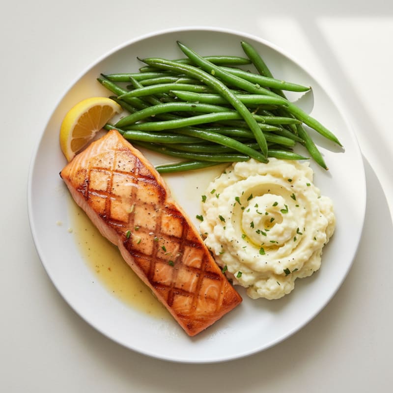 Seared Salmon with Steamed Green Beans and Garlic Mashed Cauliflower