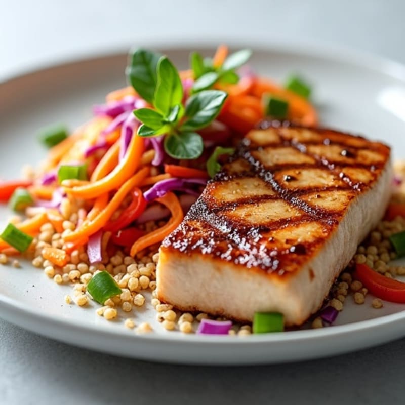 Seared Tuna with Crunchy Vegetable Slaw and Quinoa
