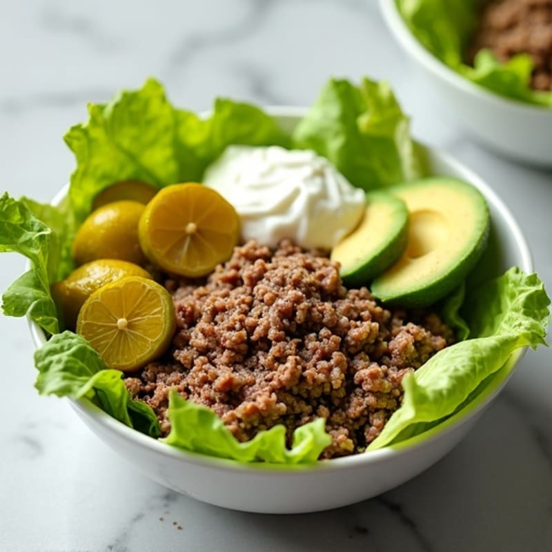 Lean Ground Beef and Crisp Lettuce Bowl with Creamy Dill Pickle Dressing