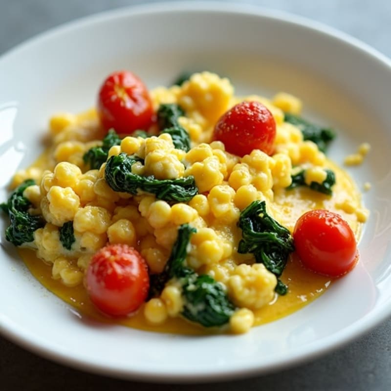 Creamy Scrambled Eggs with Sautéed Spinach and Roasted Cherry Tomatoes