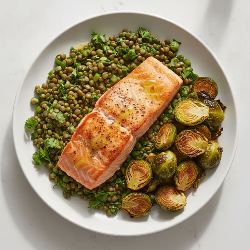 Seared Salmon with Lentil Salad and Roasted Brussels Sprouts
