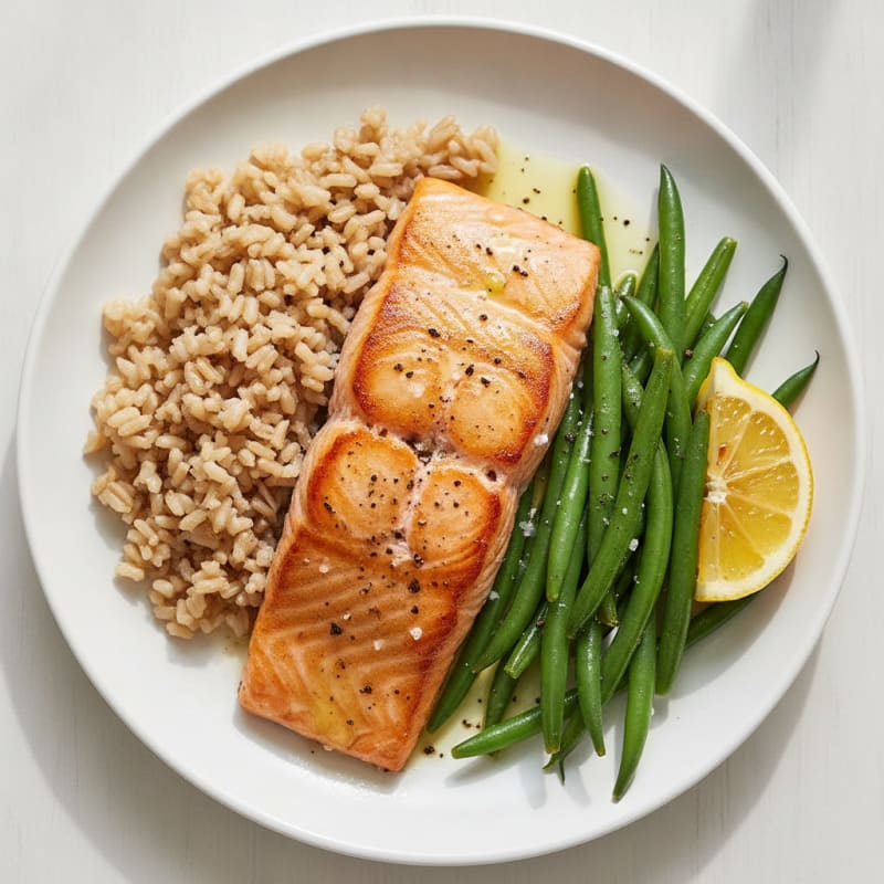 Seared Salmon Fillet with Steamed Green Beans and Brown Rice