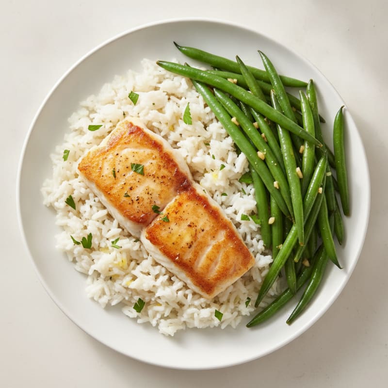 Seared White Fish with Garlic Green Beans and Lemon Herb Rice