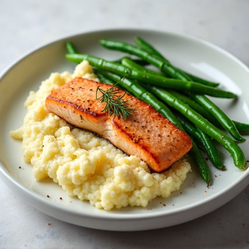 Seared Salmon with Garlic Green Beans and Cauliflower Mash