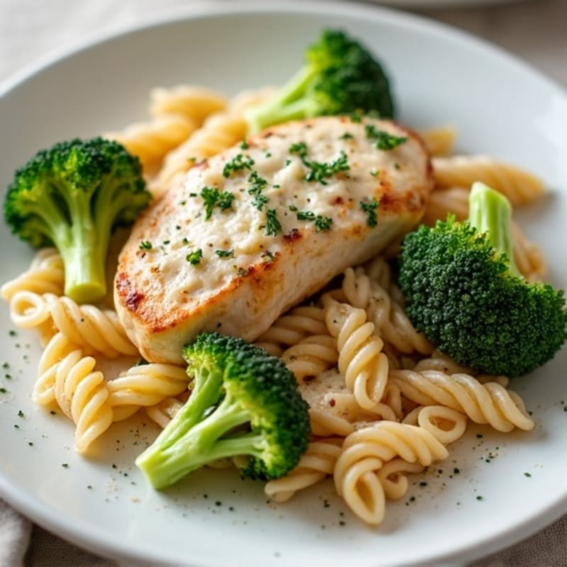 Creamy Garlic Chicken Pasta with Roasted Broccoli