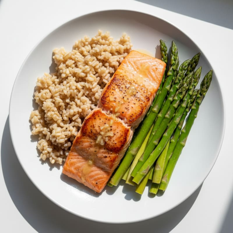 Seared Salmon with Steamed Asparagus and Brown Rice