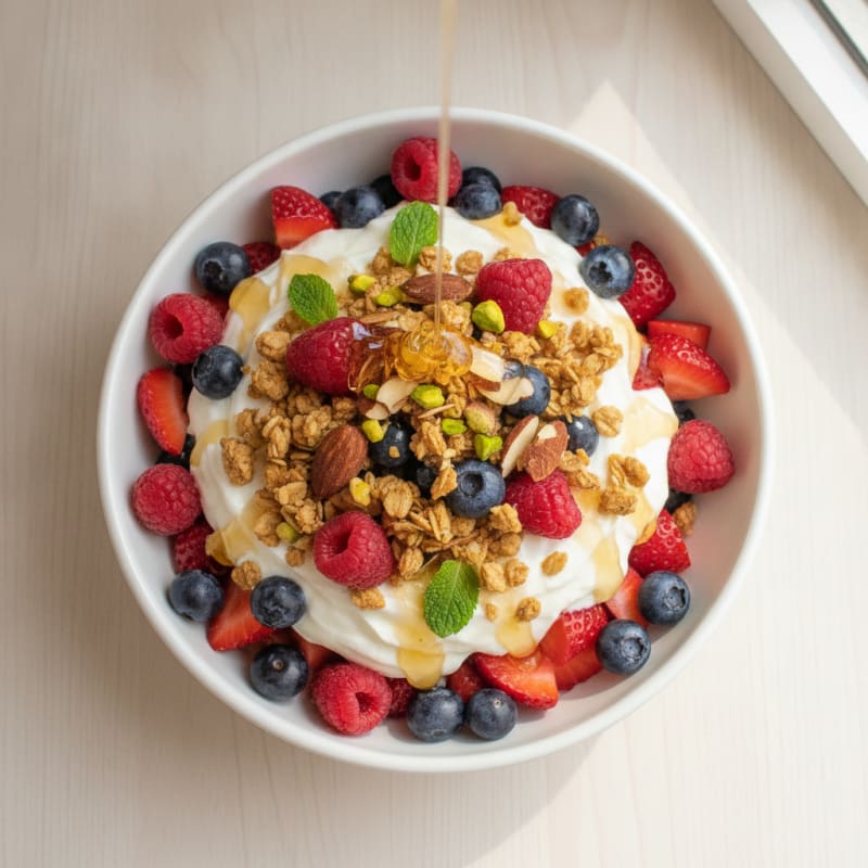 Greek Yogurt Parfait with Mixed Berries and Crunchy Almond Granola