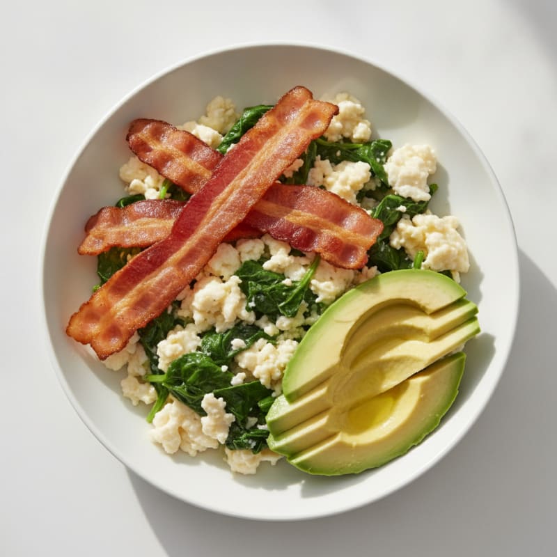Crispy Turkey Bacon and Egg White Scramble with Sautéed Spinach