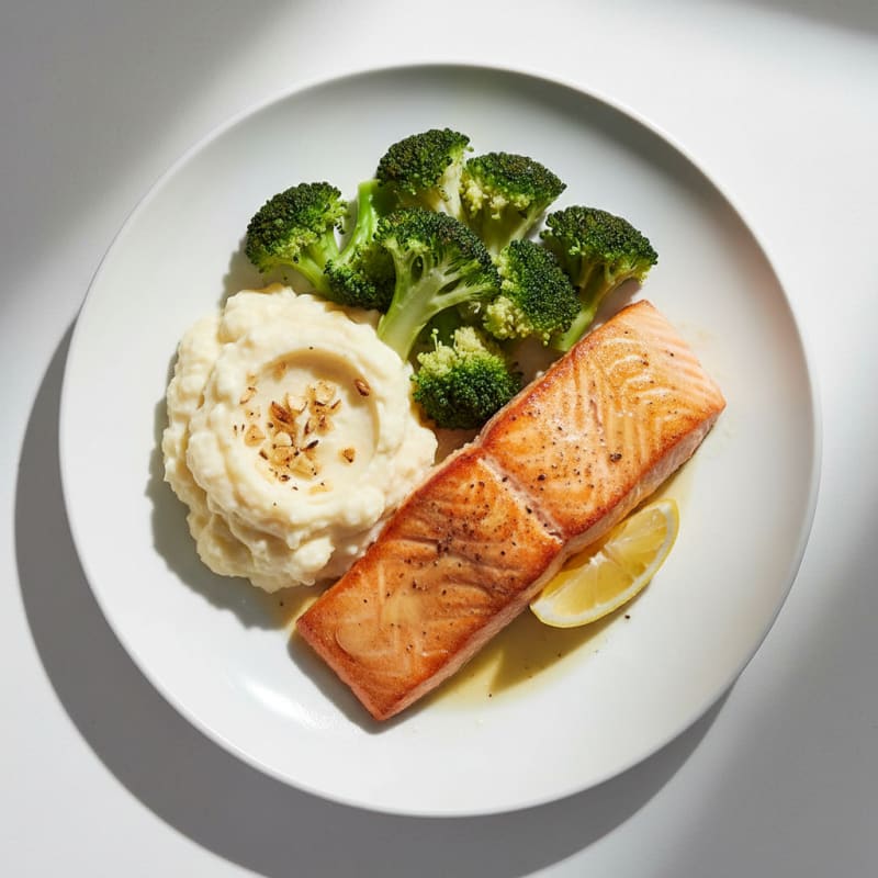 Seared Salmon with Steamed Broccoli and Garlic Mashed Cauliflower