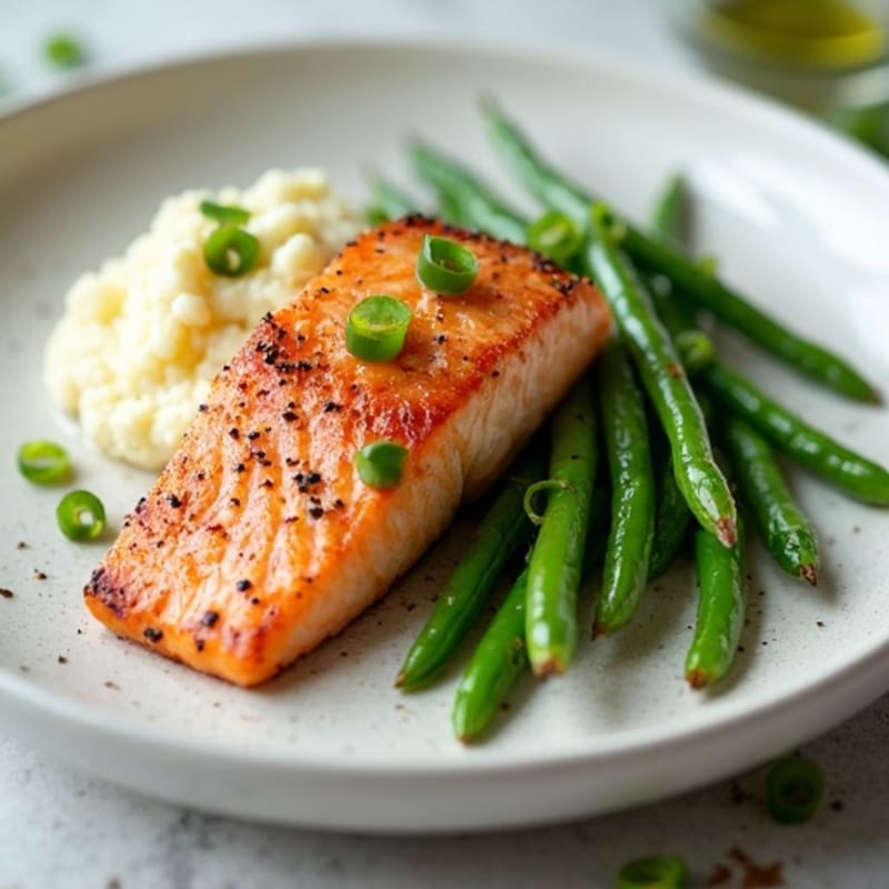 Seared Salmon with Steamed Green Beans and Cauliflower Mash
