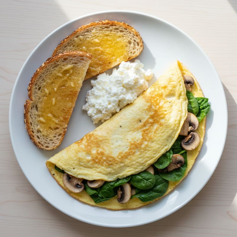 Egg White Spinach Omelette with Cottage Cheese and Sautéed Mushrooms