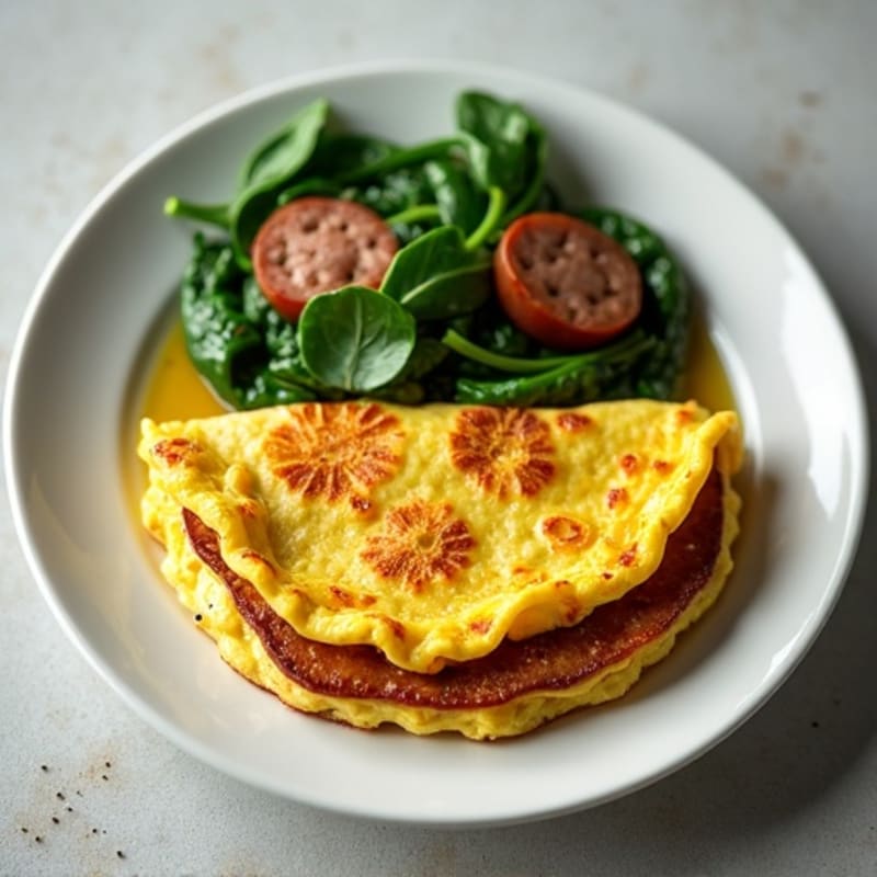 Fluffy Omelette with Crispy Chicken Sausage and Sautéed Spinach