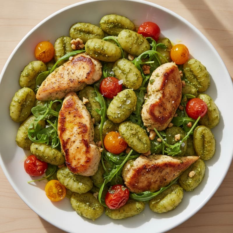 Gnocchi with Arugula Pesto and Cherry Tomatoes