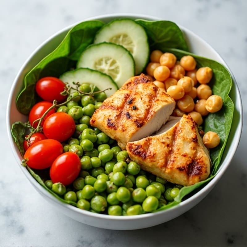 Crispy Roasted Chickpea and Fresh Vegetable Bowl with Grilled Chicken