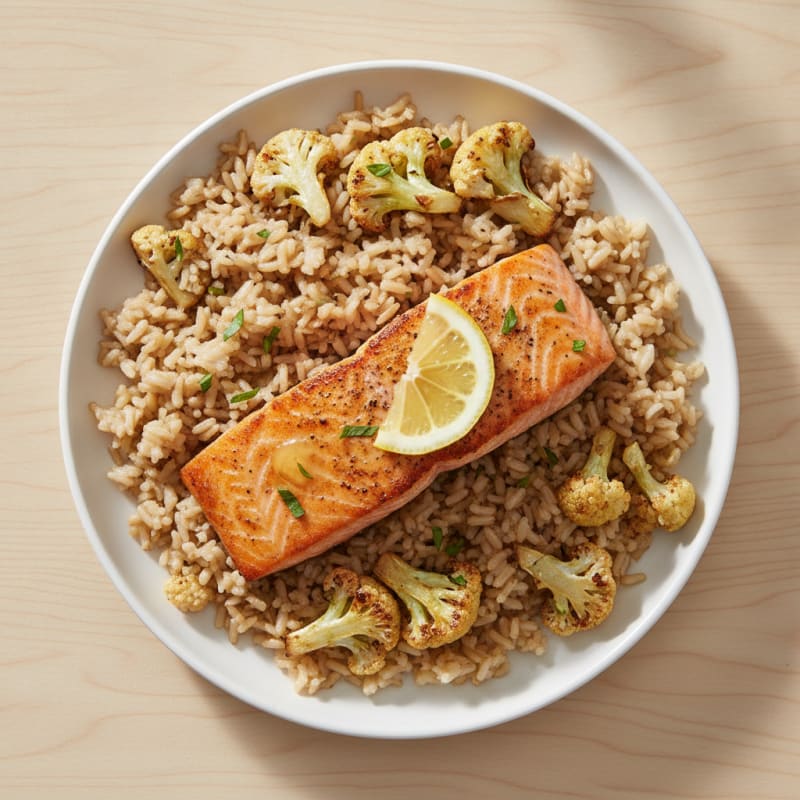 Seared Salmon Fillet with Roasted Cauliflower and Brown Rice