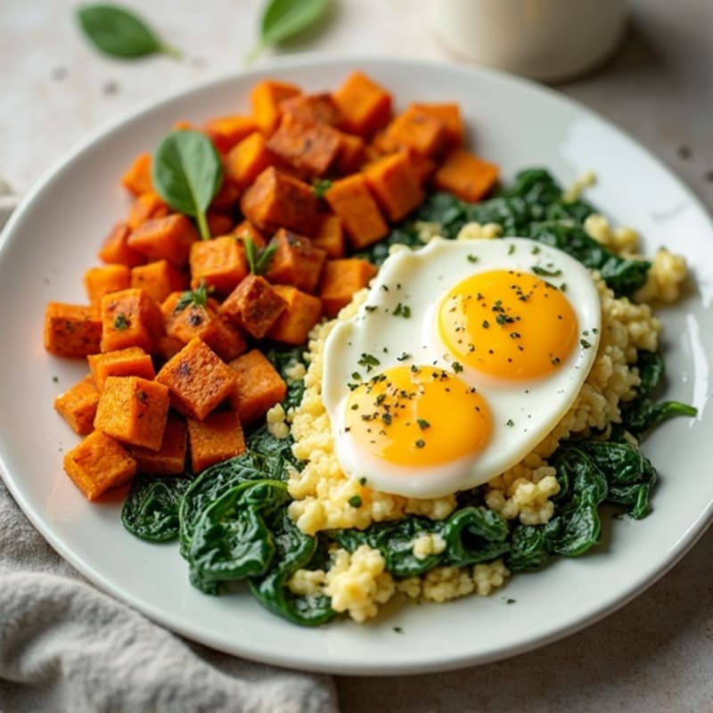 Creamy Scrambled Eggs with Fresh Spinach and Roasted Sweet Potato Hash