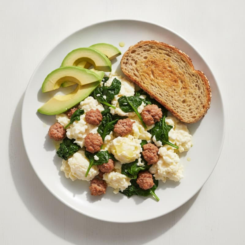 Egg White Scramble with Turkey Sausage and Sautéed Spinach
