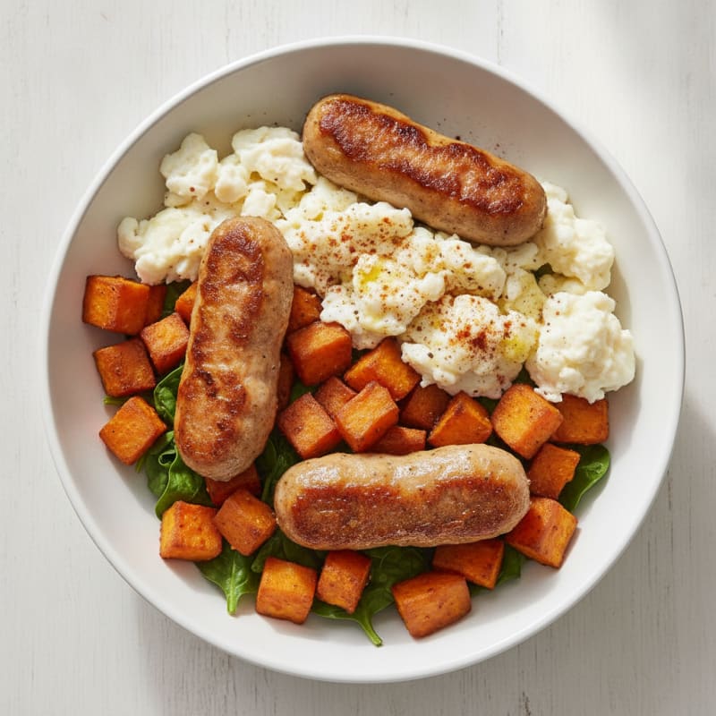 Crispy Turkey Sausage and Egg White Breakfast Bowl with Roasted Sweet Potatoes
