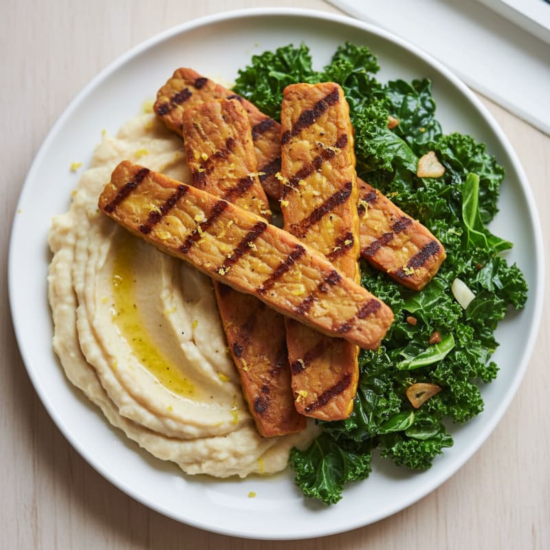 Grilled Tempeh with Creamy White Bean Mash and Garlicky Sautéed Kale