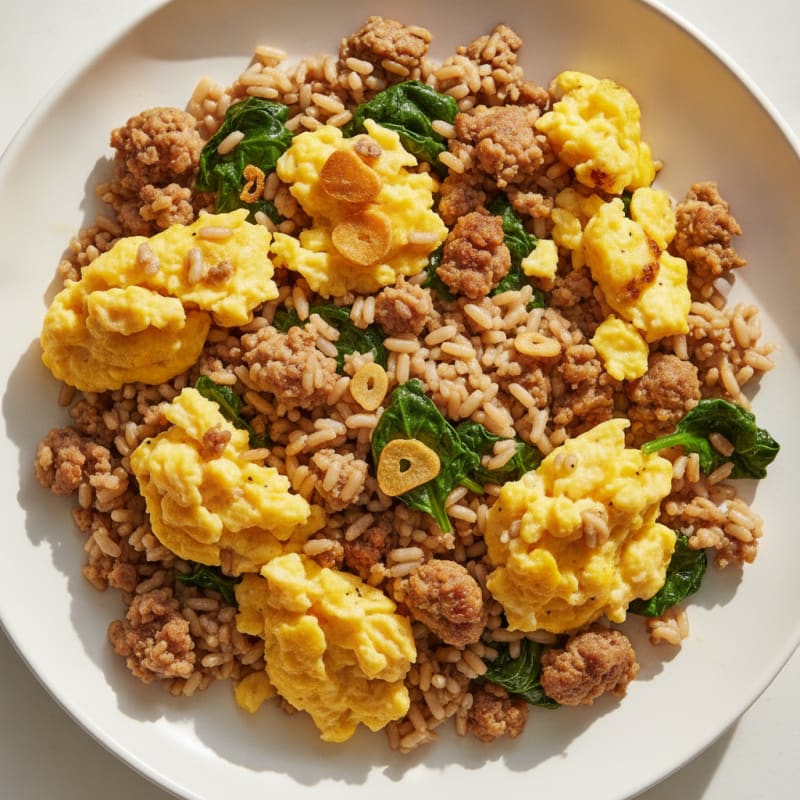 Scrambled Eggs with Turkey Sausage and Brown Rice