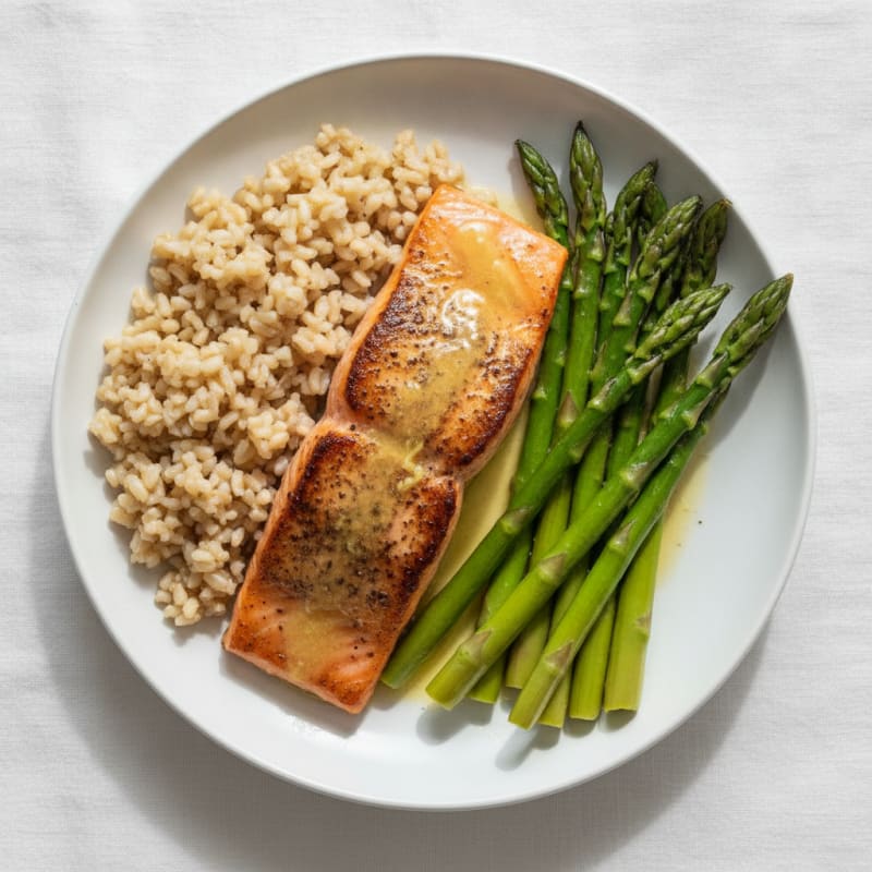 Seared Salmon with Steamed Asparagus and Brown Rice