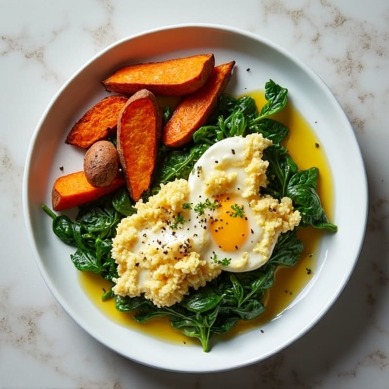 Egg White and Spinach Scramble with Roasted Sweet Potato