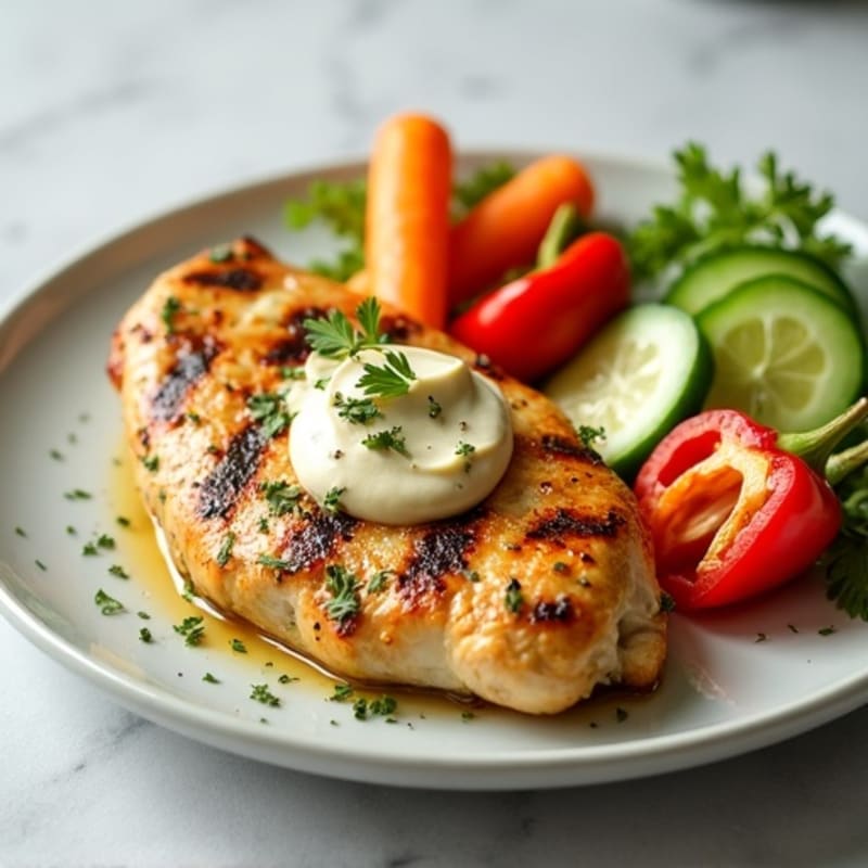 Grilled Lemon-Herb Chicken with Creamy Hummus and Fresh Crunchy Vegetables