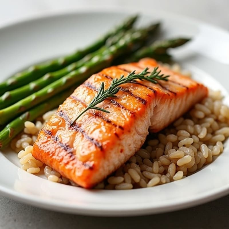 Seared Salmon with Steamed Asparagus and Brown Rice