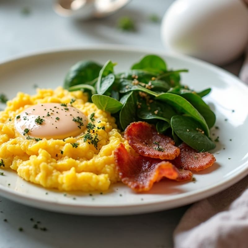 Creamy Scrambled Eggs with Fresh Spinach and Crispy Turkey Bacon