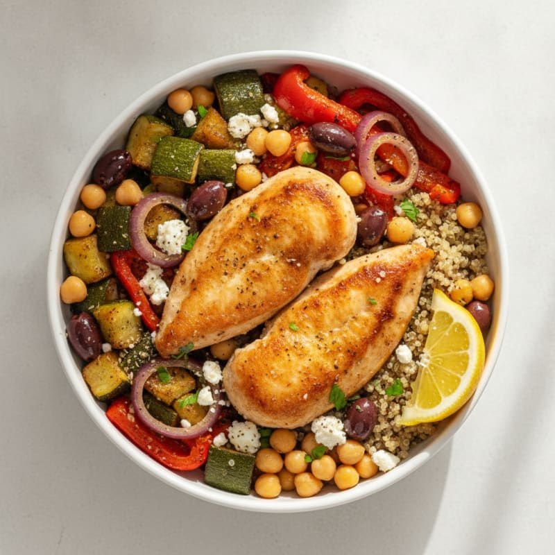 Mediterranean Chicken and Roasted Vegetable Bowl