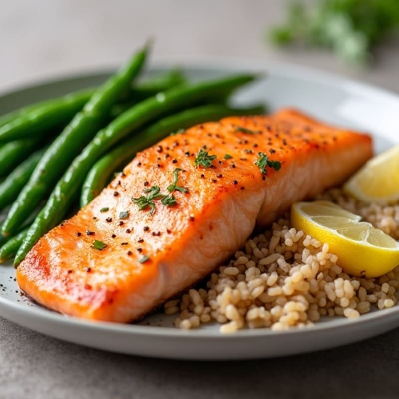 Seared Salmon with Steamed Green Beans and Brown Rice