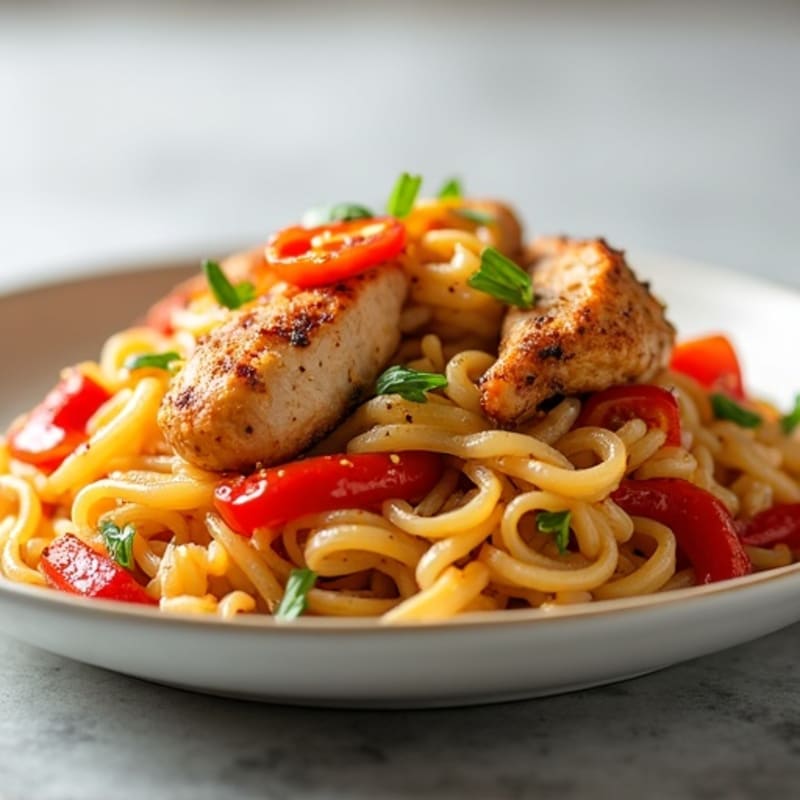 Spicy Chicken Pasta with Sautéed Bell Peppers and Onions