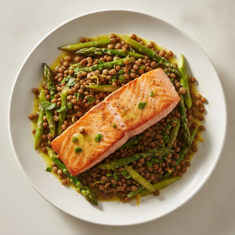 Seared Salmon Fillet with Lentil and Asparagus Salad