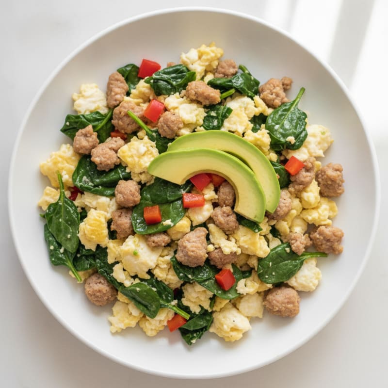 Egg White Scramble with Turkey Sausage and Sautéed Spinach