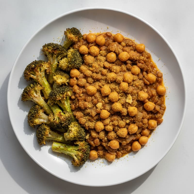 Lentil and Chickpea Stew with Roasted Broccoli