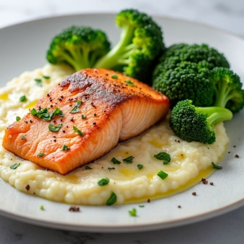Seared Salmon with Steamed Broccoli and Garlic Cauliflower Mash