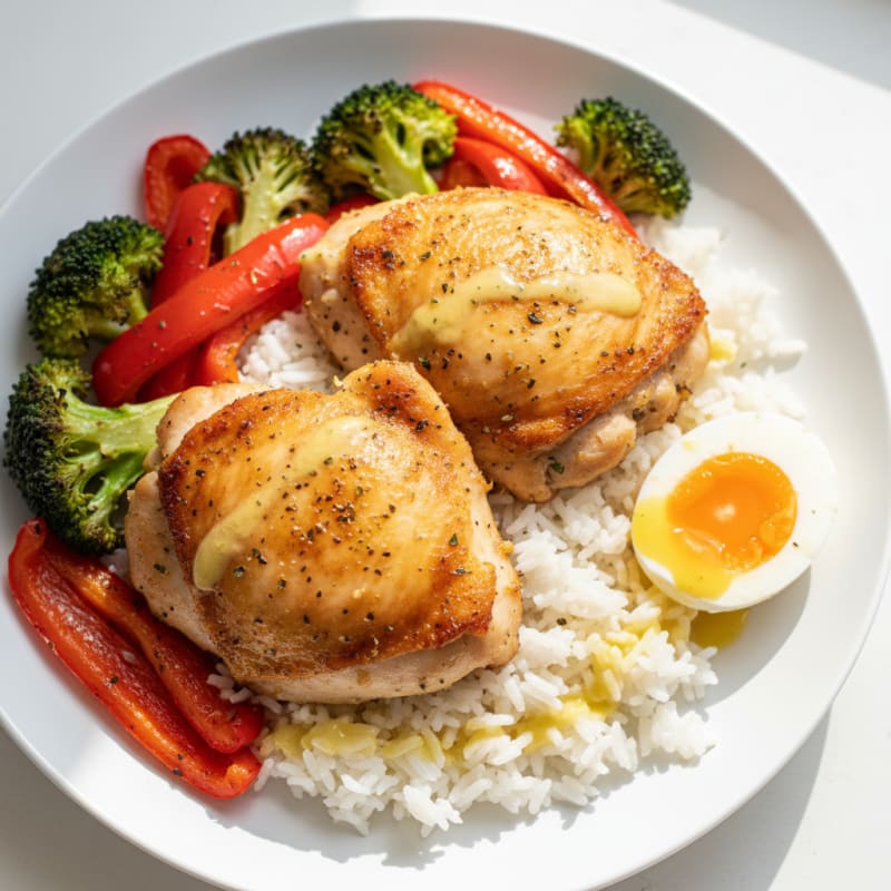 Oven-Baked Chicken Thighs with Roasted Vegetables and Jasmine Rice