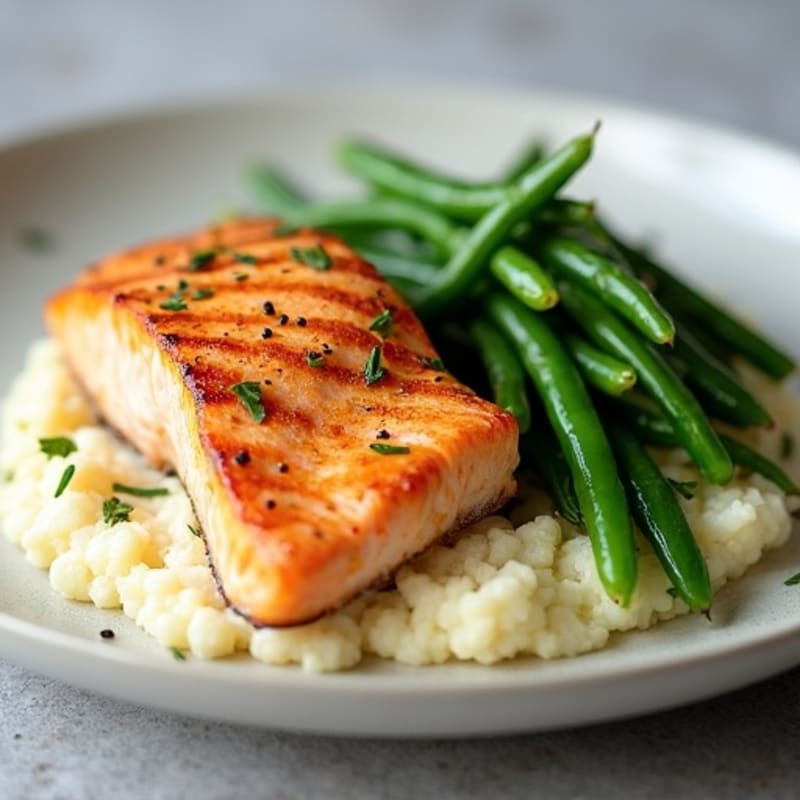 Seared Salmon Fillet with Garlic Green Beans and Cauliflower Mash