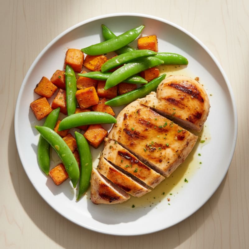 Grilled Chicken Breast with Roasted Sweet Potatoes and Snap Peas