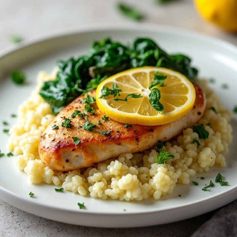 Lemon-Herb Pan-Seared Chicken with Creamy Cauliflower Risotto and Sautéed Spinach