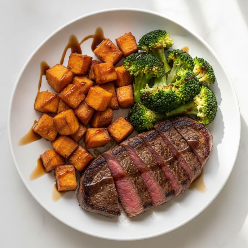 Seared Lean Beef with Roasted Sweet Potatoes and Steamed Broccoli