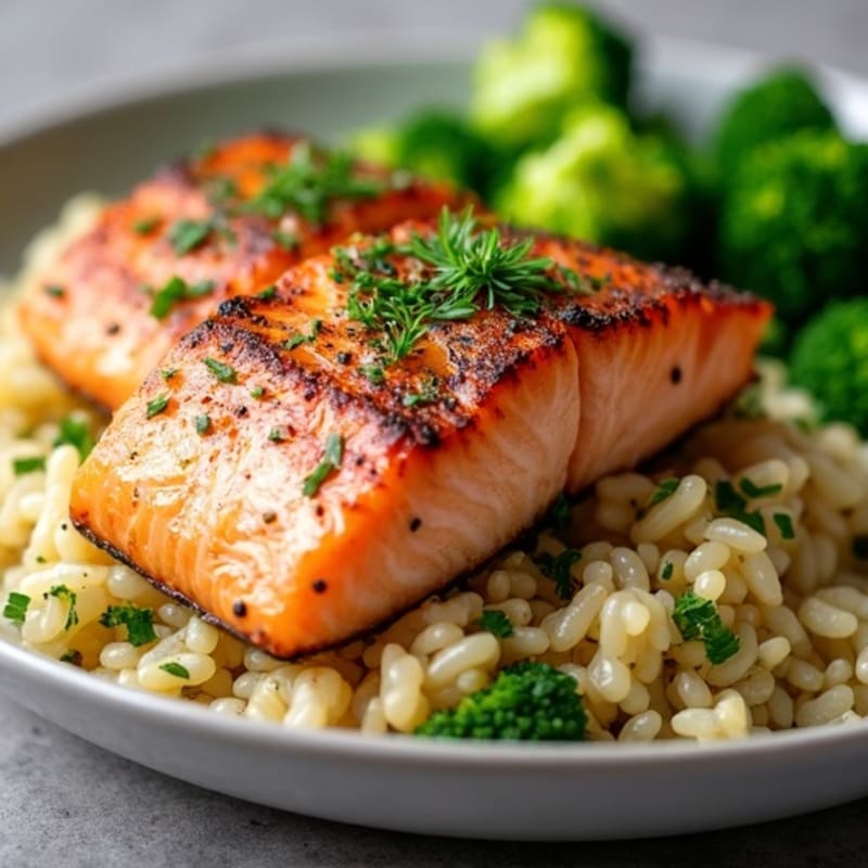 Seared Salmon with Herb Rice and Roasted Broccoli