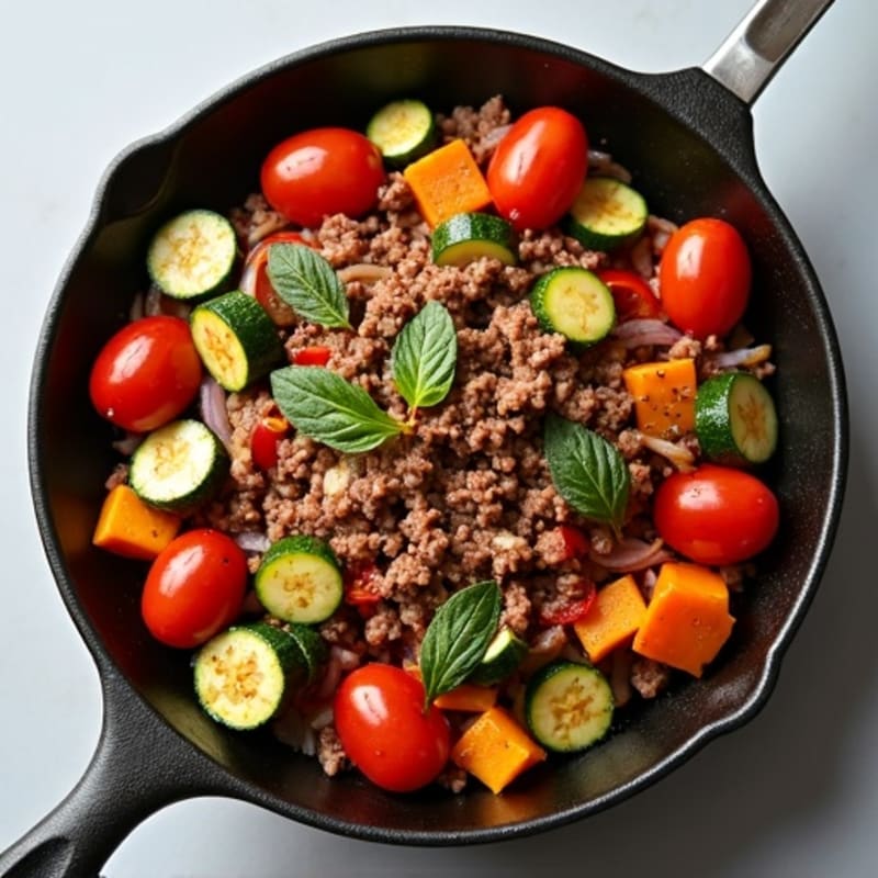 Lean Ground Beef and Crispy Roasted Vegetable Skillet