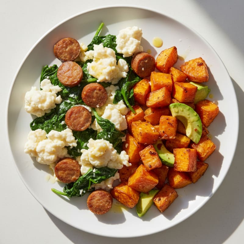 Egg White and Turkey Sausage Scramble with Spinach and Roasted Sweet Potatoes