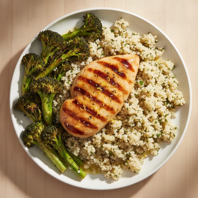 Grilled Chicken Breast with Quinoa and Roasted Broccoli