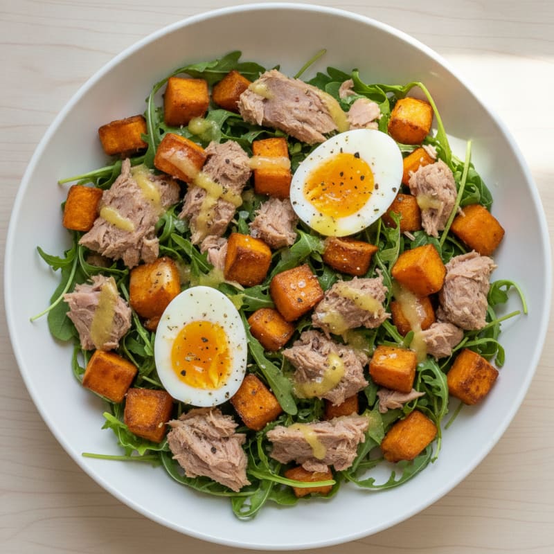 Sweet Potato Tuna Rucola Bowl with Eggs