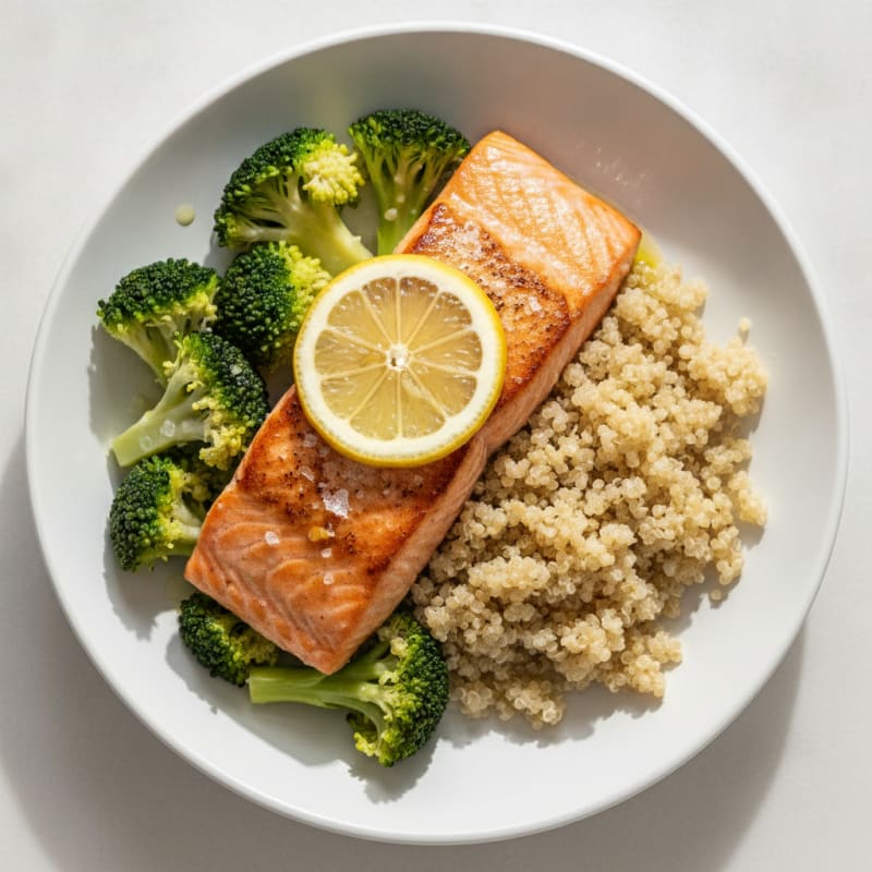 Seared Salmon with Steamed Broccoli and Quinoa