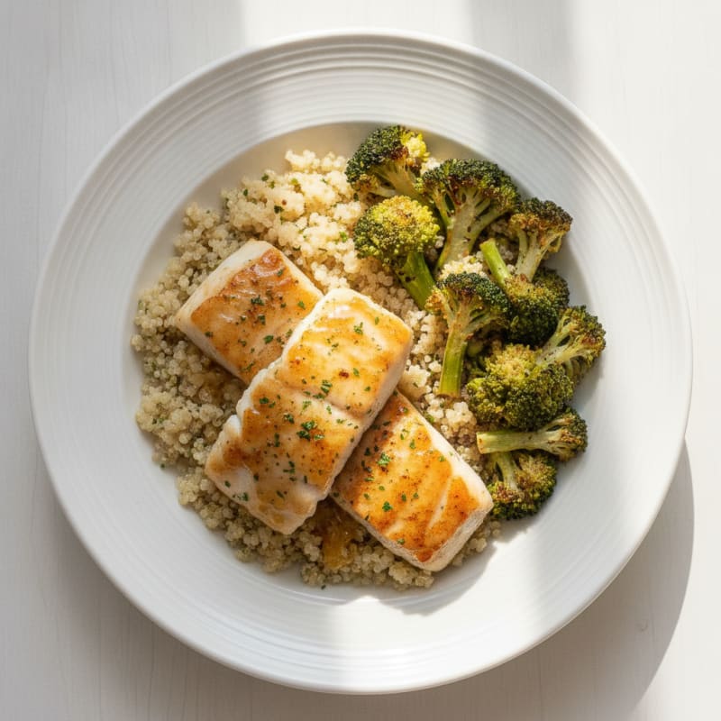 Herb-Seared Cod with Roasted Broccoli and Quinoa