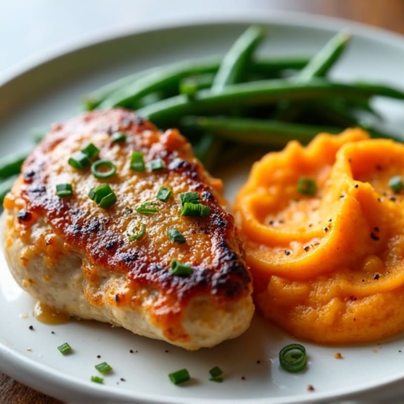 Seared Chicken Thighs with Garlic Green Beans and Sweet Potato Mash